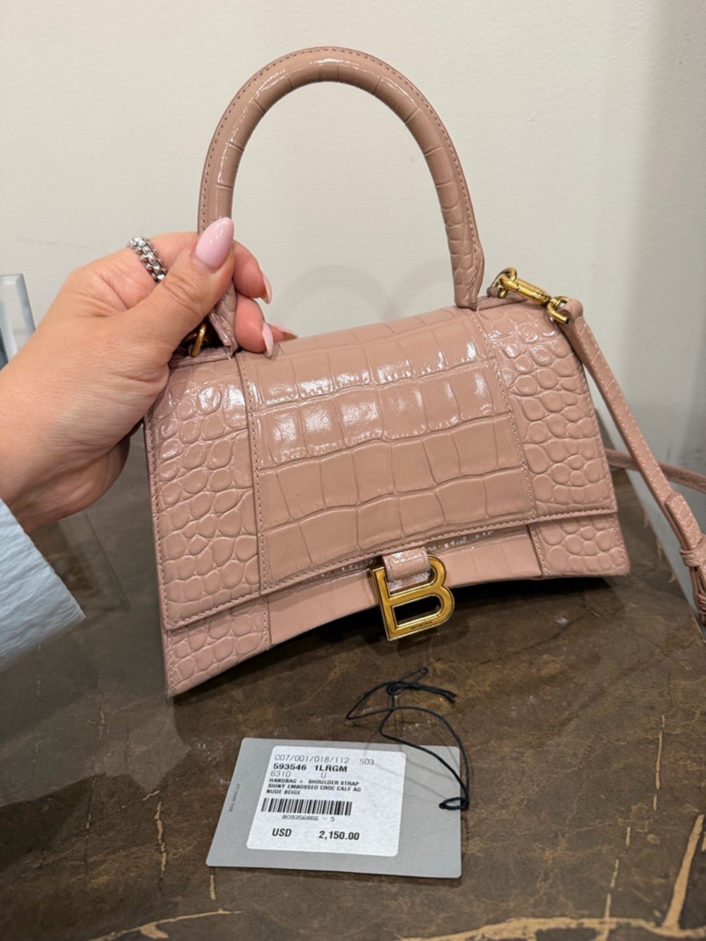 Balenciaga Croc-Embossed Top Handle Satchel in Dusty Rose